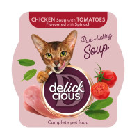 Акція! Консервований корм для кішок Delickcious Суп з курки з томатами та додаванням шпинату 80 гр 
