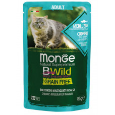 Вологий корм для котів MONGE (Монж) CAT BWILD GR.FREE WET тріска з креветками та овочами  0.085 кг 28 шт
