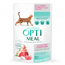 Вологий беззерновий корм для котів з чутливим травленням OPTIMEAL  Оптимил grain free sensitive digestion with lamb and turkey fillet in sauce з ягняти та індичого філе в соусі 85 гр 12 шт